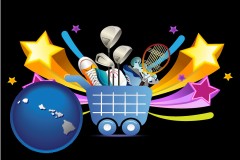 hawaii map icon and a sporting goods shopping cart