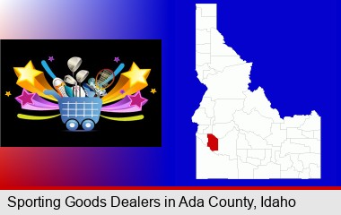 a sporting goods shopping cart; Ada County highlighted in red on a map