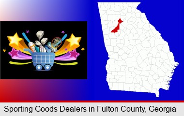 a sporting goods shopping cart; Fulton County highlighted in red on a map