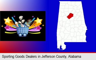 a sporting goods shopping cart; Jefferson County highlighted in red on a map