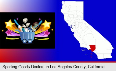 a sporting goods shopping cart; Los Angeles County highlighted in red on a map