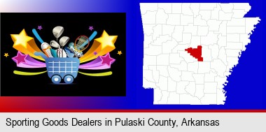a sporting goods shopping cart; Pulaski County highlighted in red on a map