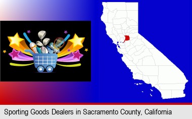 a sporting goods shopping cart; Sacramento County highlighted in red on a map