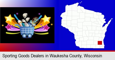 a sporting goods shopping cart; Waukesha County highlighted in red on a map