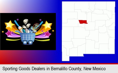 a sporting goods shopping cart; Bernalillo County highlighted in red on a map