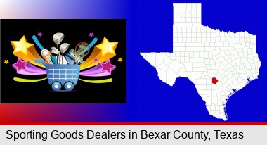 a sporting goods shopping cart; Bexar County highlighted in red on a map