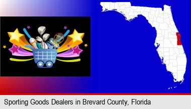 a sporting goods shopping cart; Brevard County highlighted in red on a map