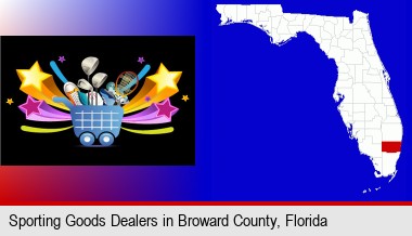 a sporting goods shopping cart; Broward County highlighted in red on a map