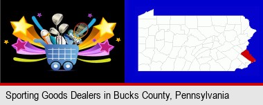 a sporting goods shopping cart; Bucks County highlighted in red on a map
