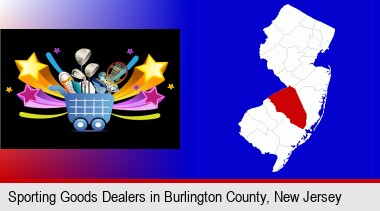 a sporting goods shopping cart; Burlington County highlighted in red on a map