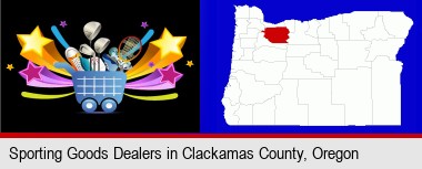 a sporting goods shopping cart; Clackamas County highlighted in red on a map