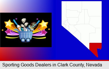 a sporting goods shopping cart; Clark County highlighted in red on a map