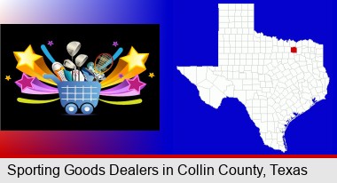 a sporting goods shopping cart; Collin County highlighted in red on a map