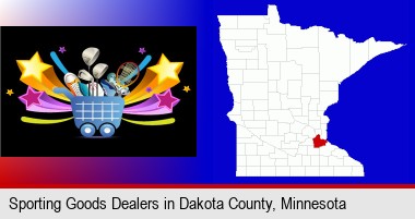 a sporting goods shopping cart; Dakota County highlighted in red on a map