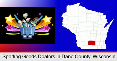 a sporting goods shopping cart; Dane County highlighted in red on a map