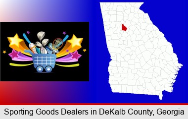 a sporting goods shopping cart; DeKalb County highlighted in red on a map