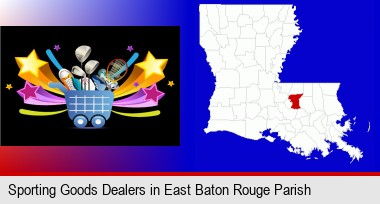 a sporting goods shopping cart; East Baton Rouge Parish highlighted in red on a map