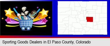 a sporting goods shopping cart; Elbert County highlighted in red on a map