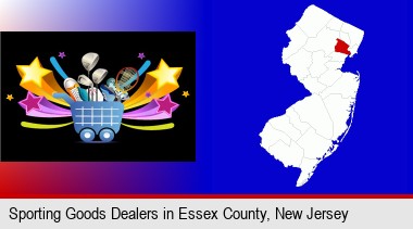 a sporting goods shopping cart; Essex County highlighted in red on a map