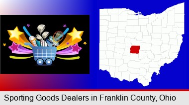 a sporting goods shopping cart; Franklin County highlighted in red on a map