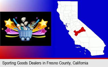 a sporting goods shopping cart; Fresno County highlighted in red on a map
