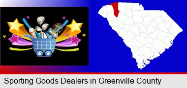 a sporting goods shopping cart; Greenville County highlighted in red on a map