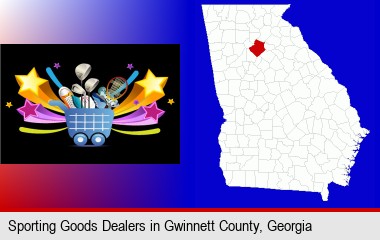 a sporting goods shopping cart; Gwinnett County highlighted in red on a map