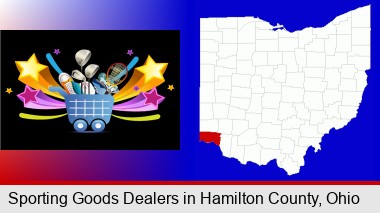 a sporting goods shopping cart; Hamilton County highlighted in red on a map