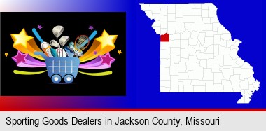 a sporting goods shopping cart; Jackson County highlighted in red on a map