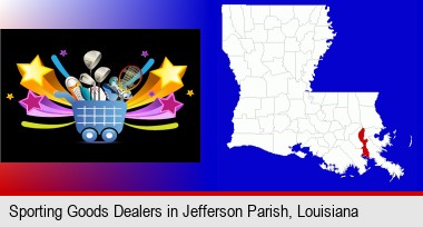 a sporting goods shopping cart; Jefferson Parish highlighted in red on a map