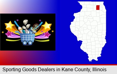 a sporting goods shopping cart; Kane County highlighted in red on a map