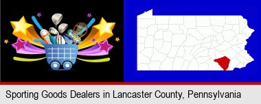 a sporting goods shopping cart; Lancaster County highlighted in red on a map