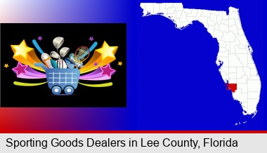 a sporting goods shopping cart; Lee County highlighted in red on a map