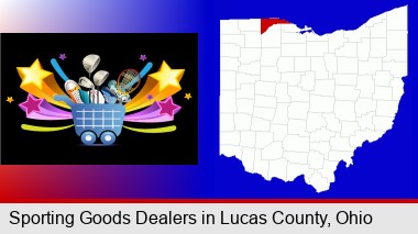 a sporting goods shopping cart; Lucas County highlighted in red on a map