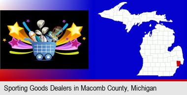 a sporting goods shopping cart; Macomb County highlighted in red on a map