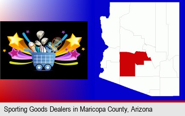 a sporting goods shopping cart; Maricopa County highlighted in red on a map