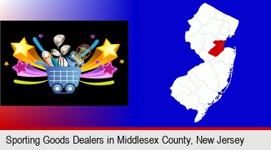 a sporting goods shopping cart; Middlesex County highlighted in red on a map