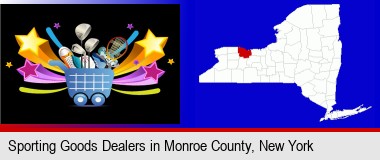 a sporting goods shopping cart; Monroe County highlighted in red on a map