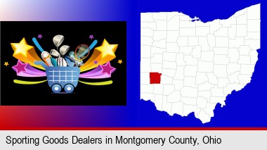 a sporting goods shopping cart; Montgomery County highlighted in red on a map