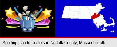 a sporting goods shopping cart; Norfolk County highlighted in red on a map