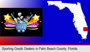 a sporting goods shopping cart; Palm Beach County highlighted in red on a map