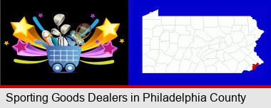 a sporting goods shopping cart; Philadelphia County highlighted in red on a map