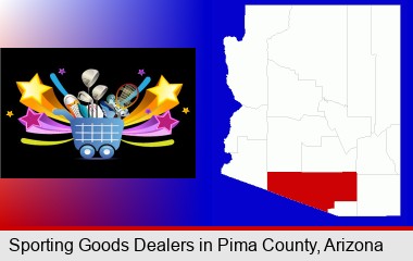 a sporting goods shopping cart; Pima County highlighted in red on a map