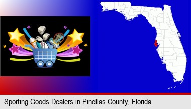 a sporting goods shopping cart; Pinellas County highlighted in red on a map