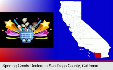 a sporting goods shopping cart; San Diego County highlighted in red on a map