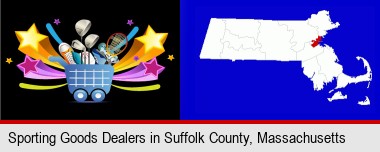 a sporting goods shopping cart; Suffolk County highlighted in red on a map